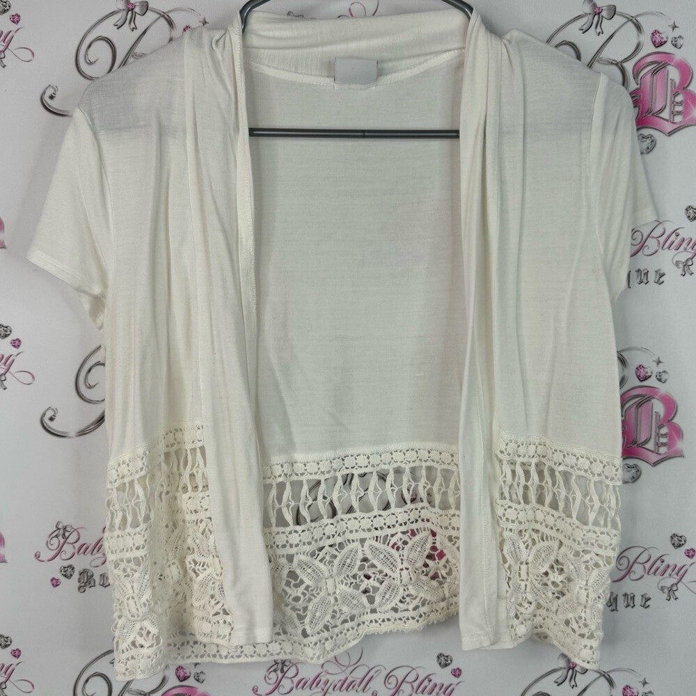 Suzy Shier cardigan shrug tshirt crochet hem bottom cream White Knit Cardigan